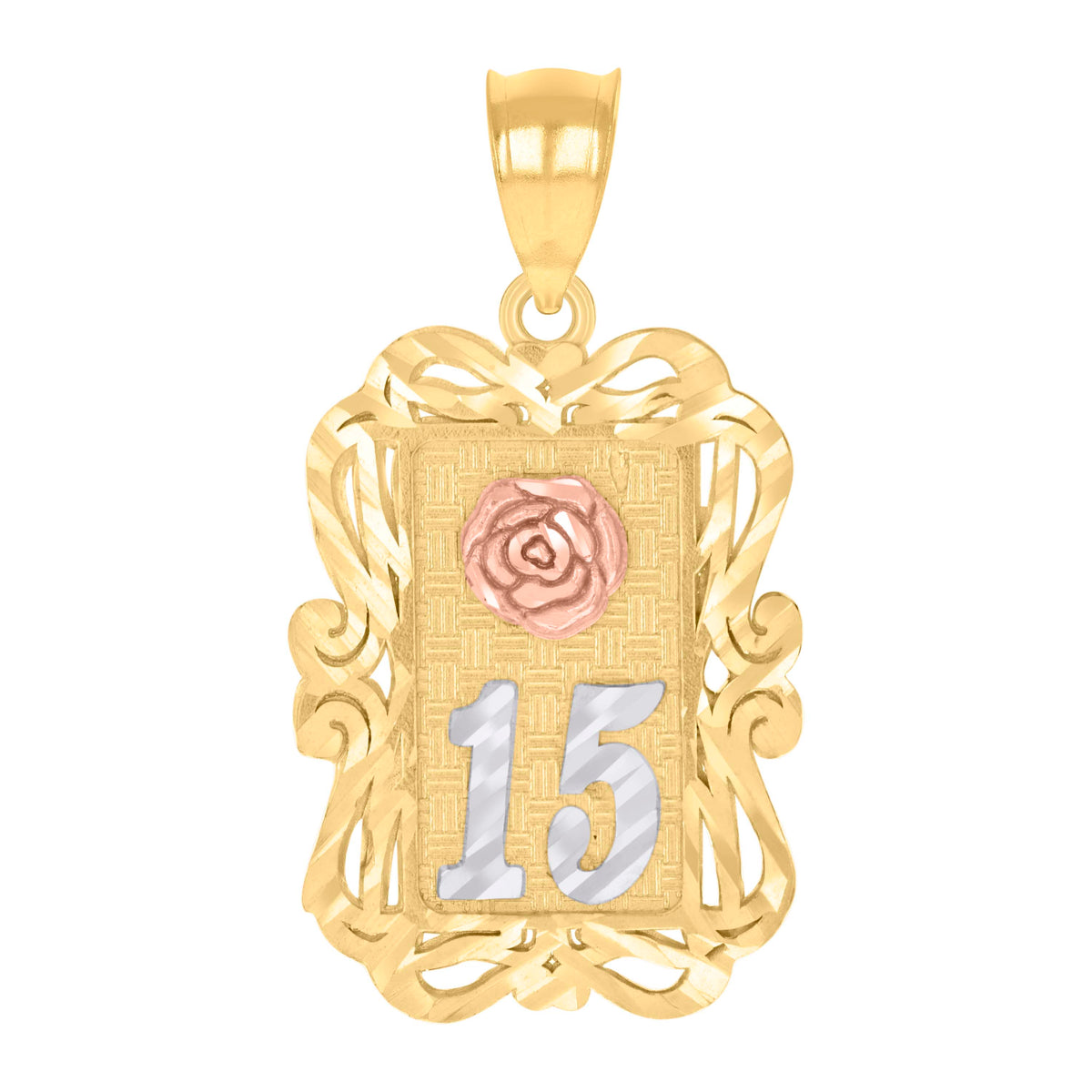 14Kt Gold Womens Tri-Color Diamond-Cut 15 Anos Quinceanera Ht:25.4Mm Pendant Charm