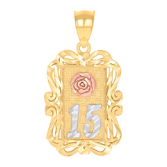 14Kt Gold Womens Tri-Color Diamond-Cut 15 Anos Quinceanera Ht:25.4Mm Pendant Charm