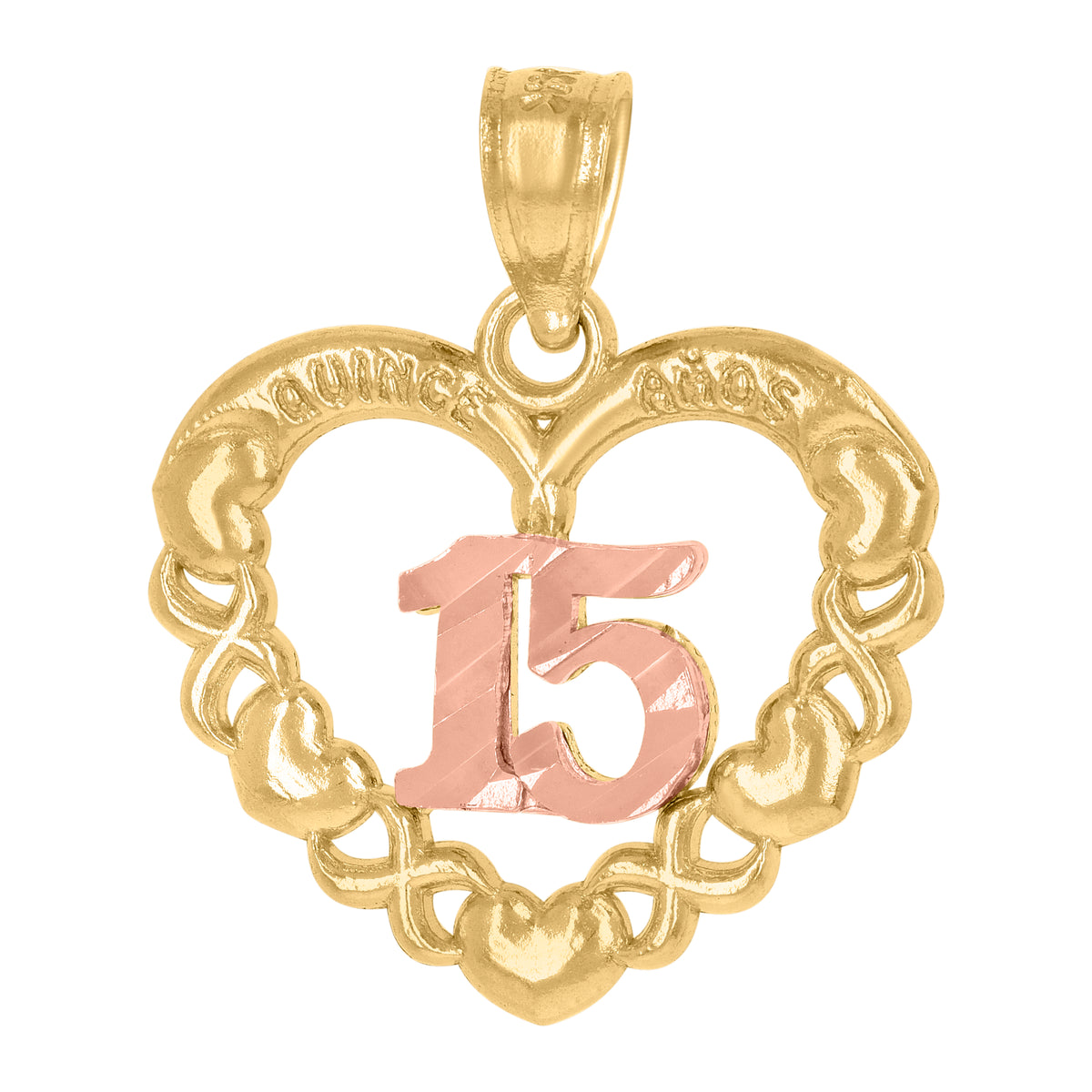 14Kt Gold Womens Two-Tone Diamond-Cut 15 Anos Heart Quinceanera Ht:18.9Mm Pendant Charm