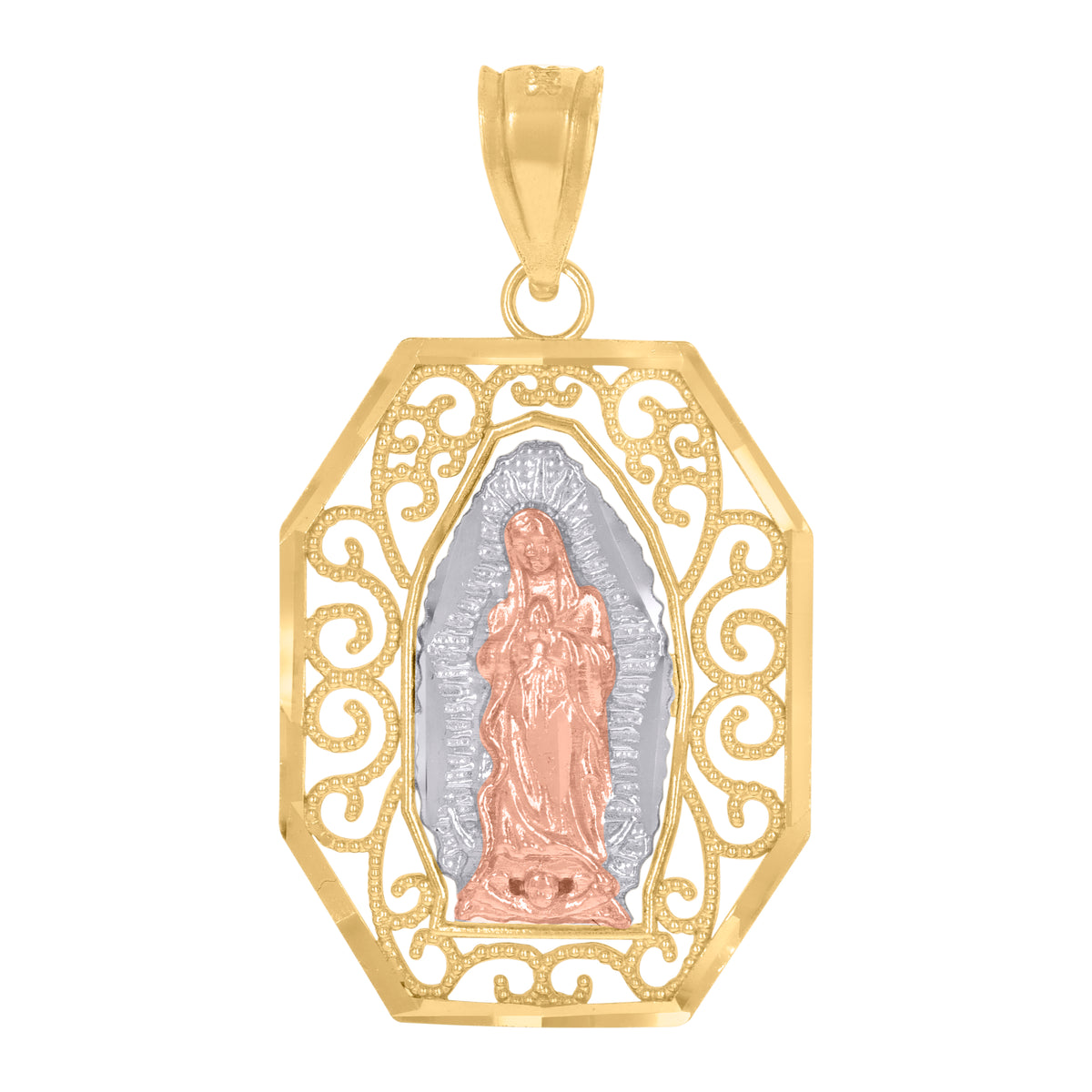 14Kt Tri-Color Gold Unisex Diamond-Cut Textured Lady Of Guadalupe Religious Charm Pendant