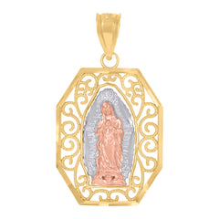 14Kt Tri-Color Gold Unisex Diamond-Cut Textured Lady Of Guadalupe Religious Charm Pendant