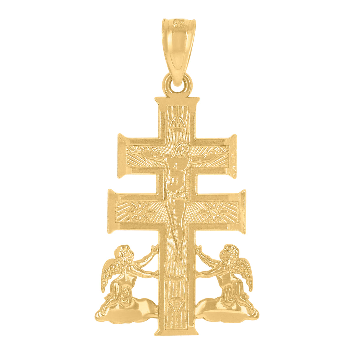14Kt Yellow Gold Womens Caravaca Cross Crucifix Angel Ht:27.9Mm Religious Pendant Charm