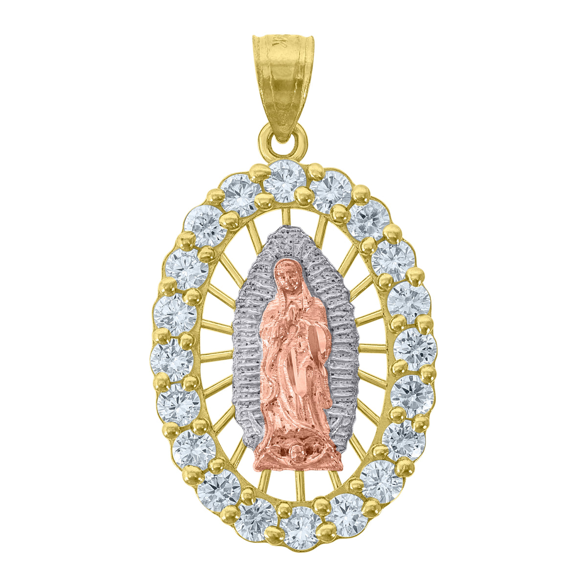14Kt Tri-Color Gold Unisex Cubic Zirconia Diamond-Cut Textured Lady Of Guadalupe Religious Charm Pendant