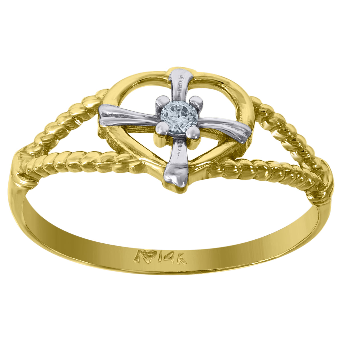 14Kt Gold Womens Two-Tone Cz Sz7 Heart Ring Band