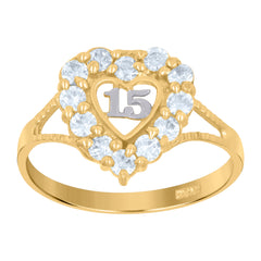 14Kt Gold Womens Two-Tone Cz 15 Anos Heart Sz7 Quinceanera Ring Band