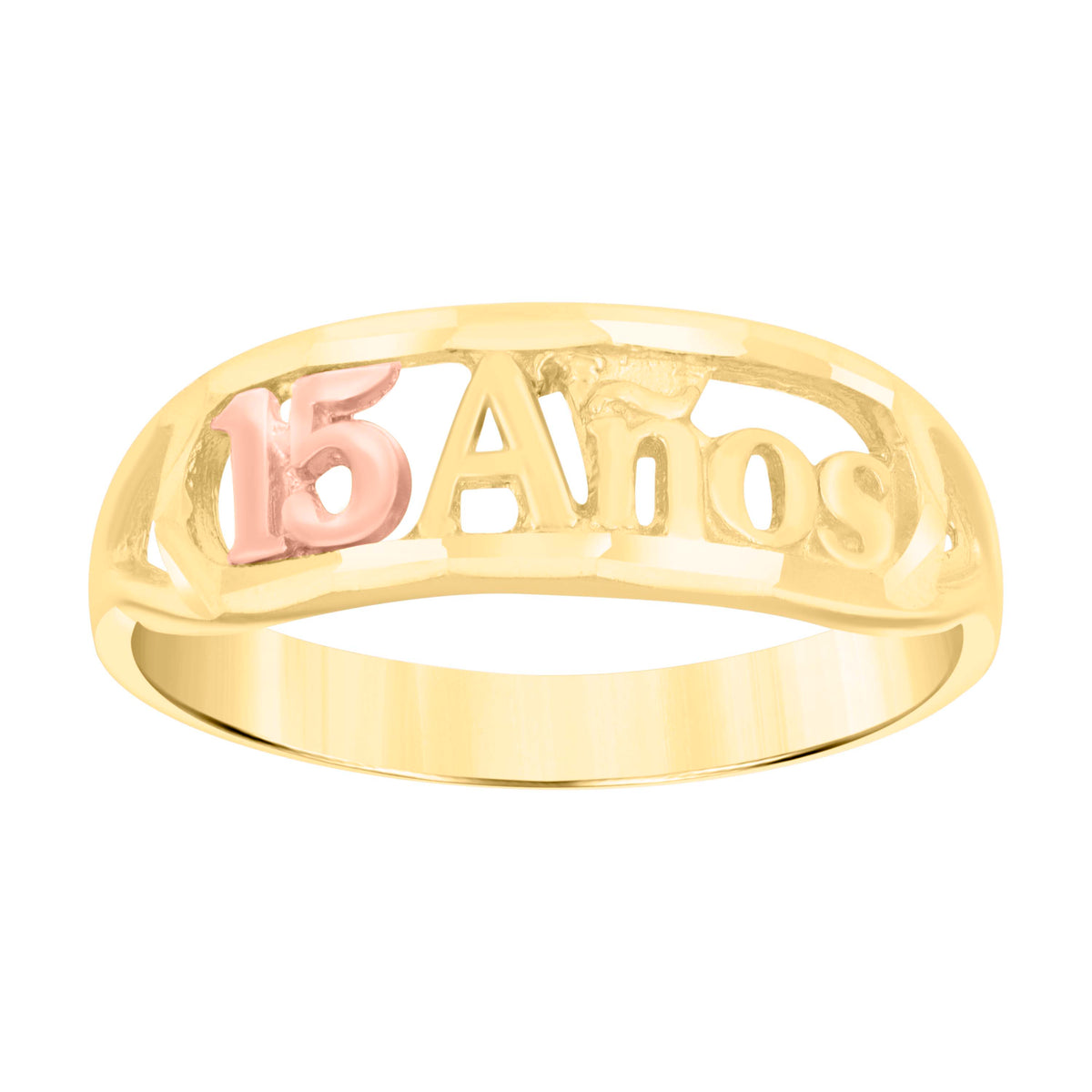 14Kt Gold Womens Tri-Color Diamond-Cut 15 Anos Sz7 Heart Quinceanera Ring Band