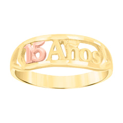 14Kt Gold Womens Tri-Color Diamond-Cut 15 Anos Sz7 Heart Quinceanera Ring Band