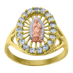 14Kt Gold Womens Tri-Color Cz Guadalupe Mary Sz7 Oval Head Religious Ring Band