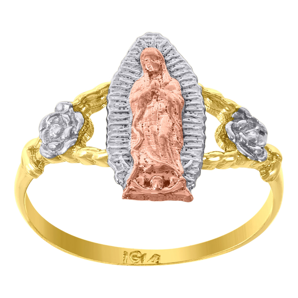 14Kt Gold Womens Tri-Color Cz Guadalupe Mary Flower Sz7 Religious Ring Band