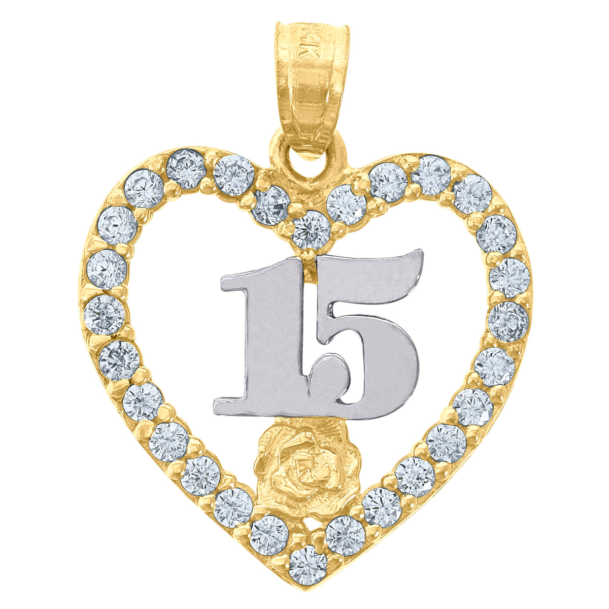 14Kt Gold Womens Two-Tone Cz 15 Anos Heart Quinceanera Ht:21.7Mm Pendant Charm