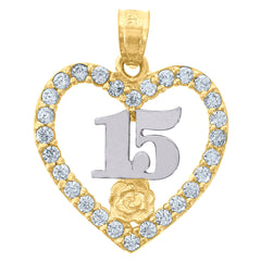14Kt Gold Womens Two-Tone Cz 15 Anos Heart Quinceanera Ht:21.7Mm Pendant Charm