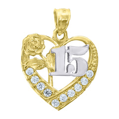 14Kt Gold Womens Two-Tone Cz 15 Anos Heart Quinceanera Ht:20.1Mm Pendant Charm