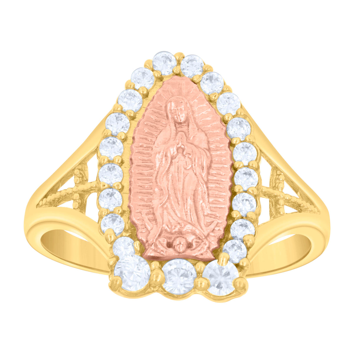 14Kt Tri-Color Gold Womens Cubic Zirconia Lady Of Guadalupe Religious Ring