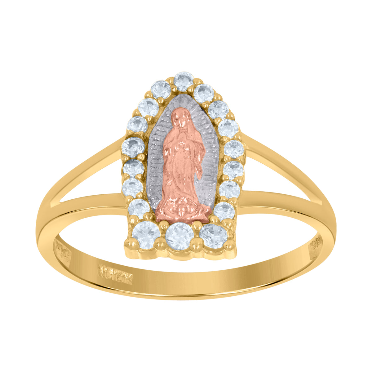 14Kt Tri-Color Gold Womens Cubic Zirconia Lady Of Guadalupe Religious Ring