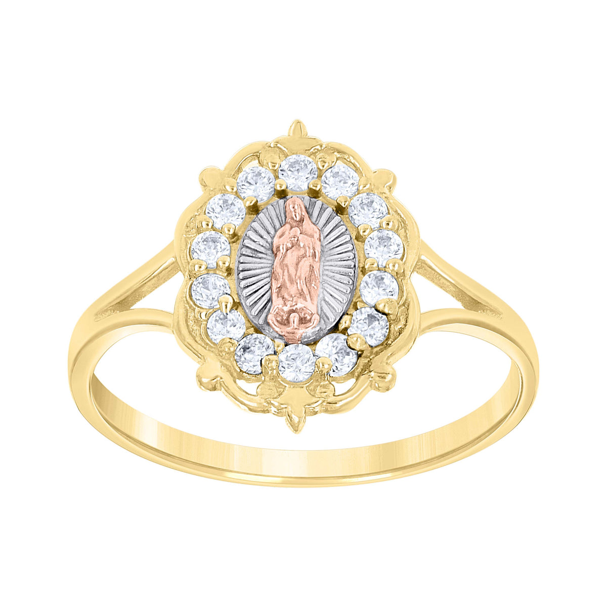 14Kt Gold Womens Tri-Color Cz Guadalupe Mary Sz7 Religious Ring Band
