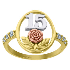 14Kt Gold Womens Tri-Color Cz 15 Anos Flower Rose Sz7 Quinceanera Ring Band
