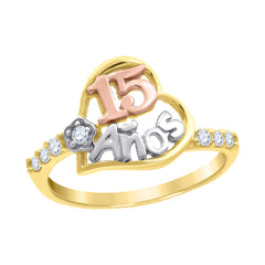 14Kt Tri-Color Gold Womens Cubic Zirconia 15 Anos Heart Ring