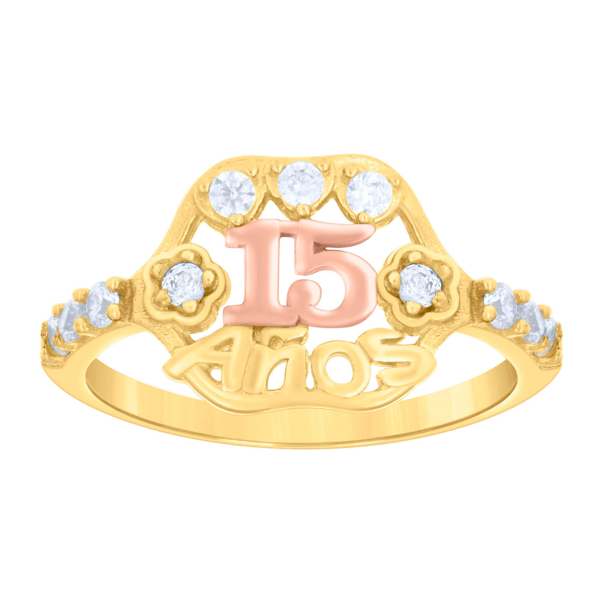 14Kt Gold Womens Tri-Color Cz 15 Anos Flower Sz7 Quinceanera Ring Band