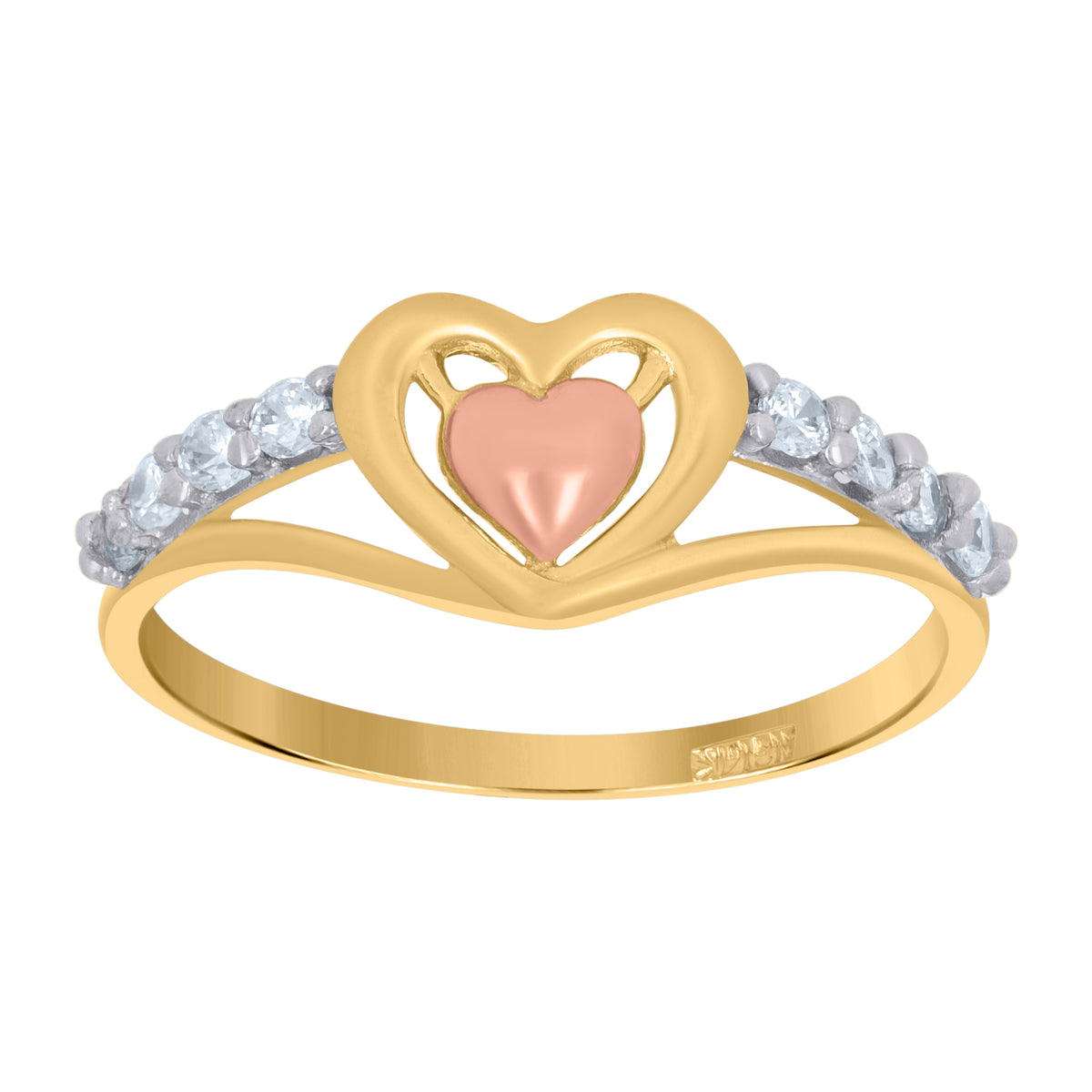 14Kt Tri-Color Gold Womens Cubic Zirconia Heart Engagement Ring