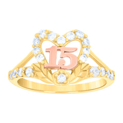 14Kt Gold Womens Tri-Color Cz 15 Anos Flower Heart Sz7 Quinceanera Ring Band