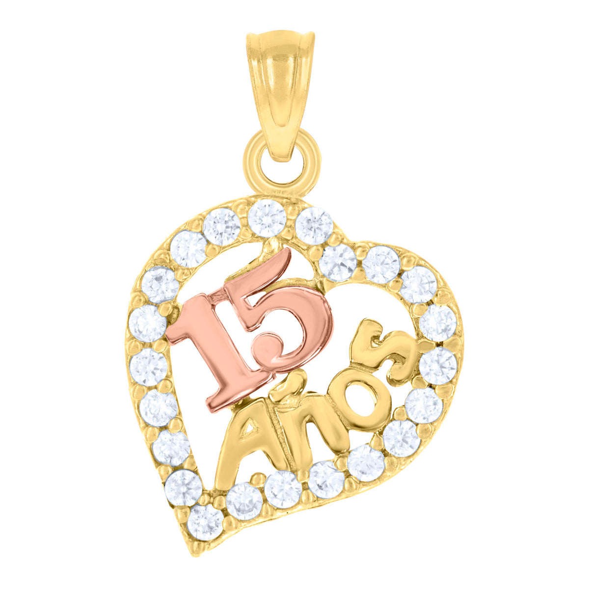 14Kt Gold Womens Tri-Color Cz 15 Anos Heart Quinceanera Ht:21.4Mm Pendant Charm