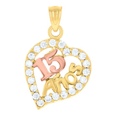 14Kt Gold Womens Tri-Color Cz 15 Anos Heart Quinceanera Ht:21.4Mm Pendant Charm