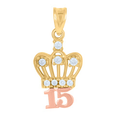 14Kt Gold Womens Tri-Color Diamond-Cut 15 Anos Crown Ht:21.5Mm Quinceanera Pendant Charm