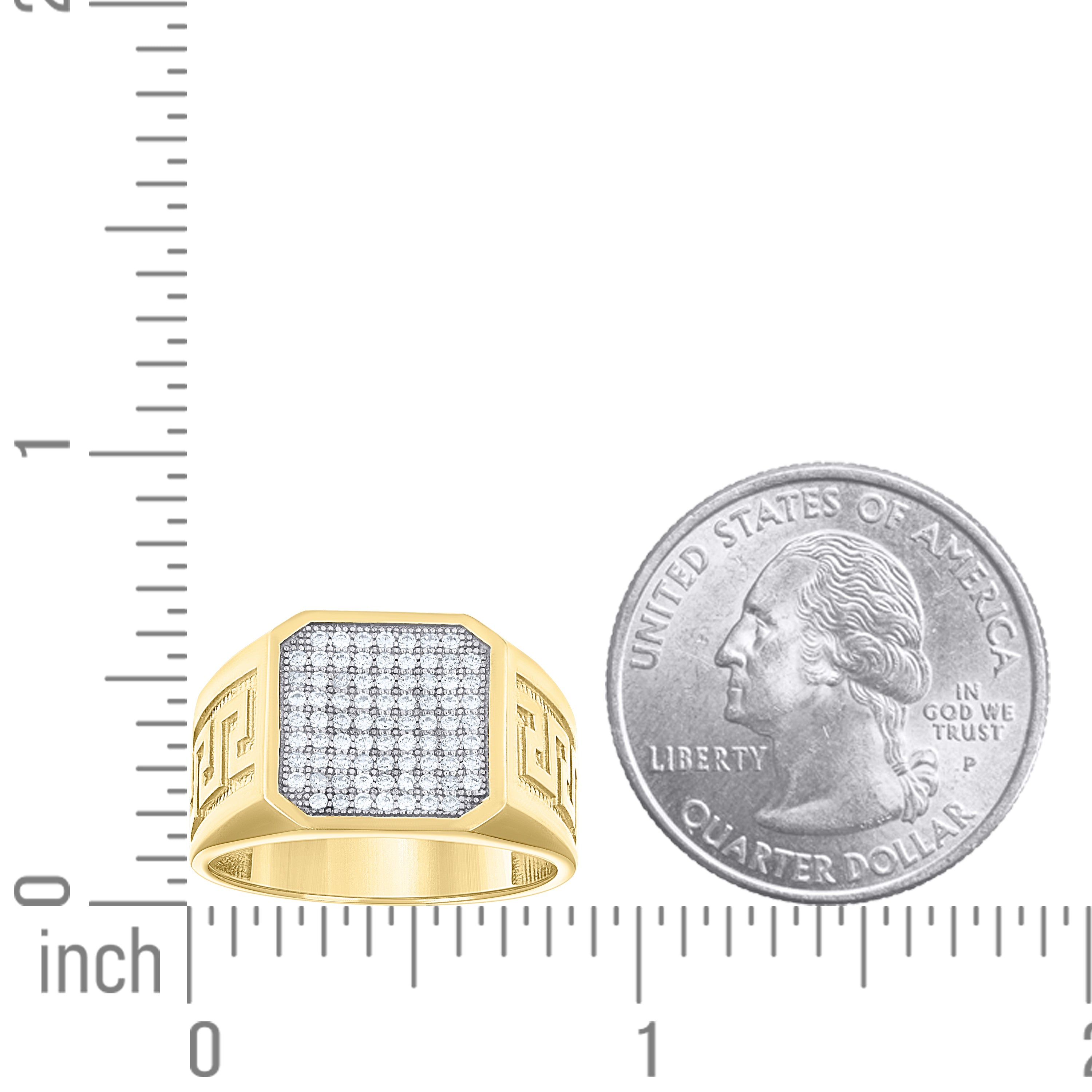 14Kt Gold Mens Two-Tone Cz Greek Key Engraved Side Bands Square Head Ring Band