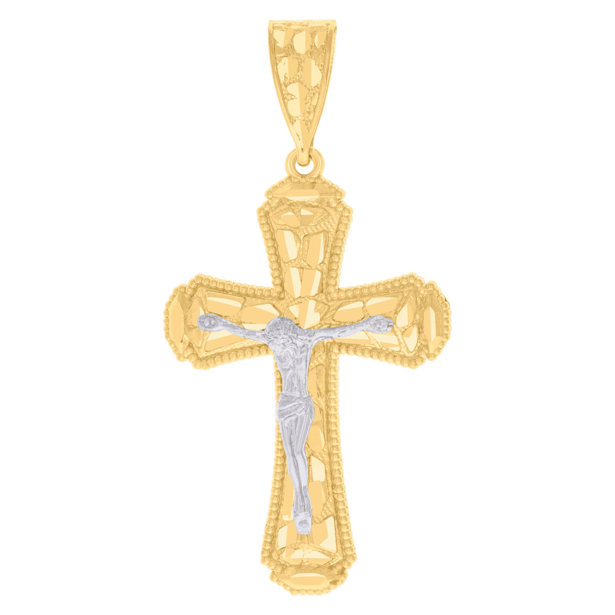 14Kt Gold Womens Two-Tone Diamond-Cut Nugget Cross Crucifix Jesus Ht:54.6Mm Pendant Charm
