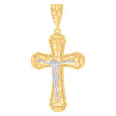 14Kt Gold Womens Two-Tone Diamond-Cut Nugget Cross Crucifix Jesus Ht:54.6Mm Pendant Charm