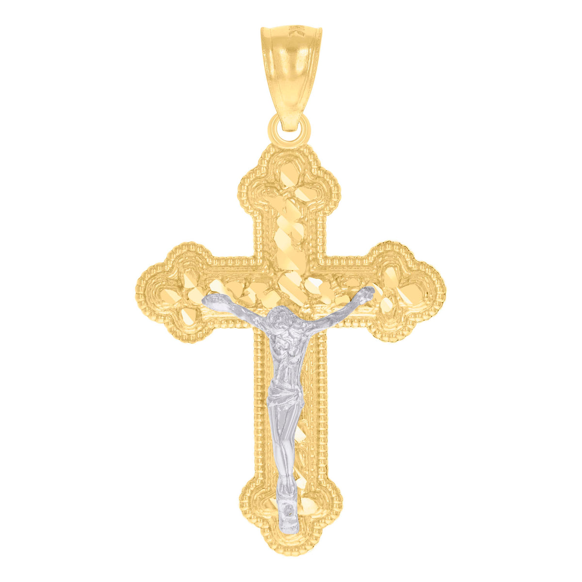 14Kt Gold Womens Two-Tone Diamond-Cut Nugget Cross Crucifix Jesus Ht:39.8Mm Pendant Charm