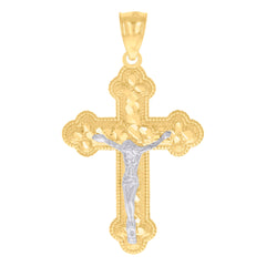 14Kt Gold Womens Two-Tone Diamond-Cut Nugget Cross Crucifix Jesus Ht:39.8Mm Pendant Charm