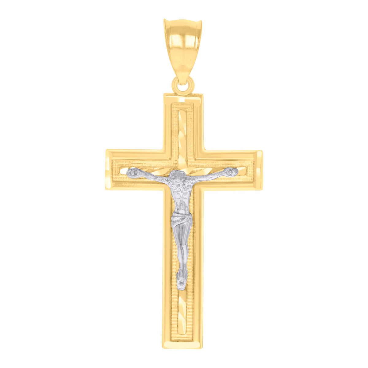 14Kt Gold Womens Two-Tone Diamond-Cut Cross Crucifix Jesus Ht:55.4Mm Pendant Charm