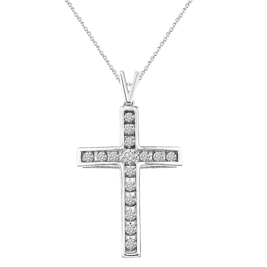 LADIES STRAIGHT NICK SETTING CROSS 0.50CT ROUND DIAMOND 10K WHITE GOLD