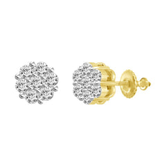 LADIES FLOWER EARRINGS 1.50CT ROUND DIAMOND 14K YELLOW GOLD