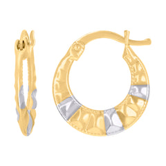 10kt Gold Two-Tone Womens Round Itched 13.7mm Hinged Hoops Huggies