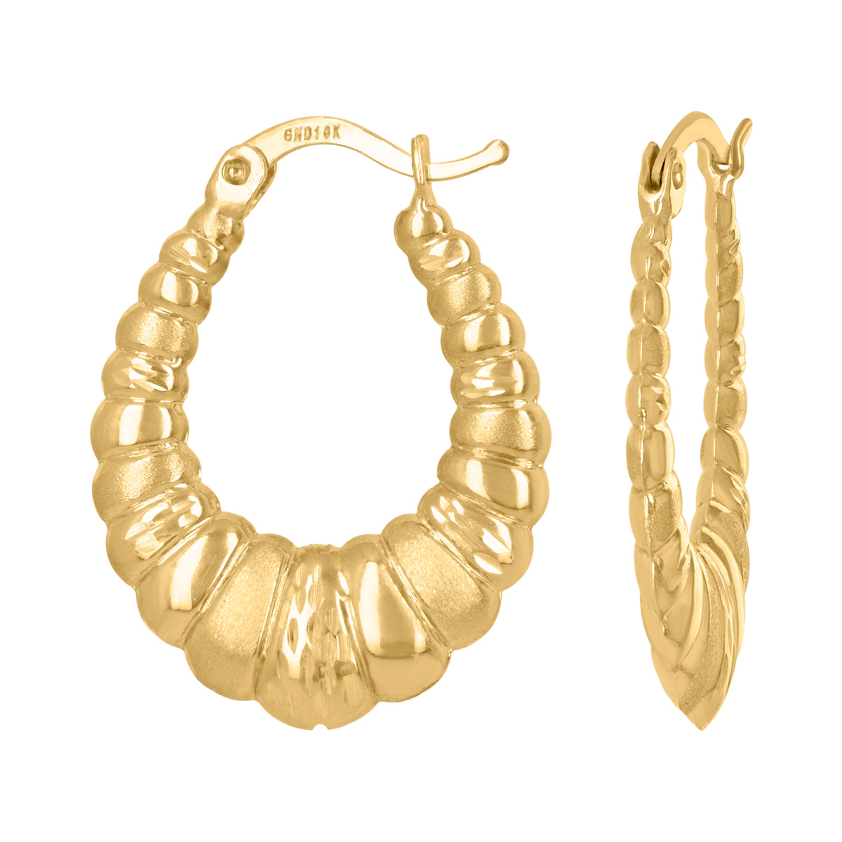 10kt Yellow Gold Womens Brushed Ribbed Oval Hoop Earrings