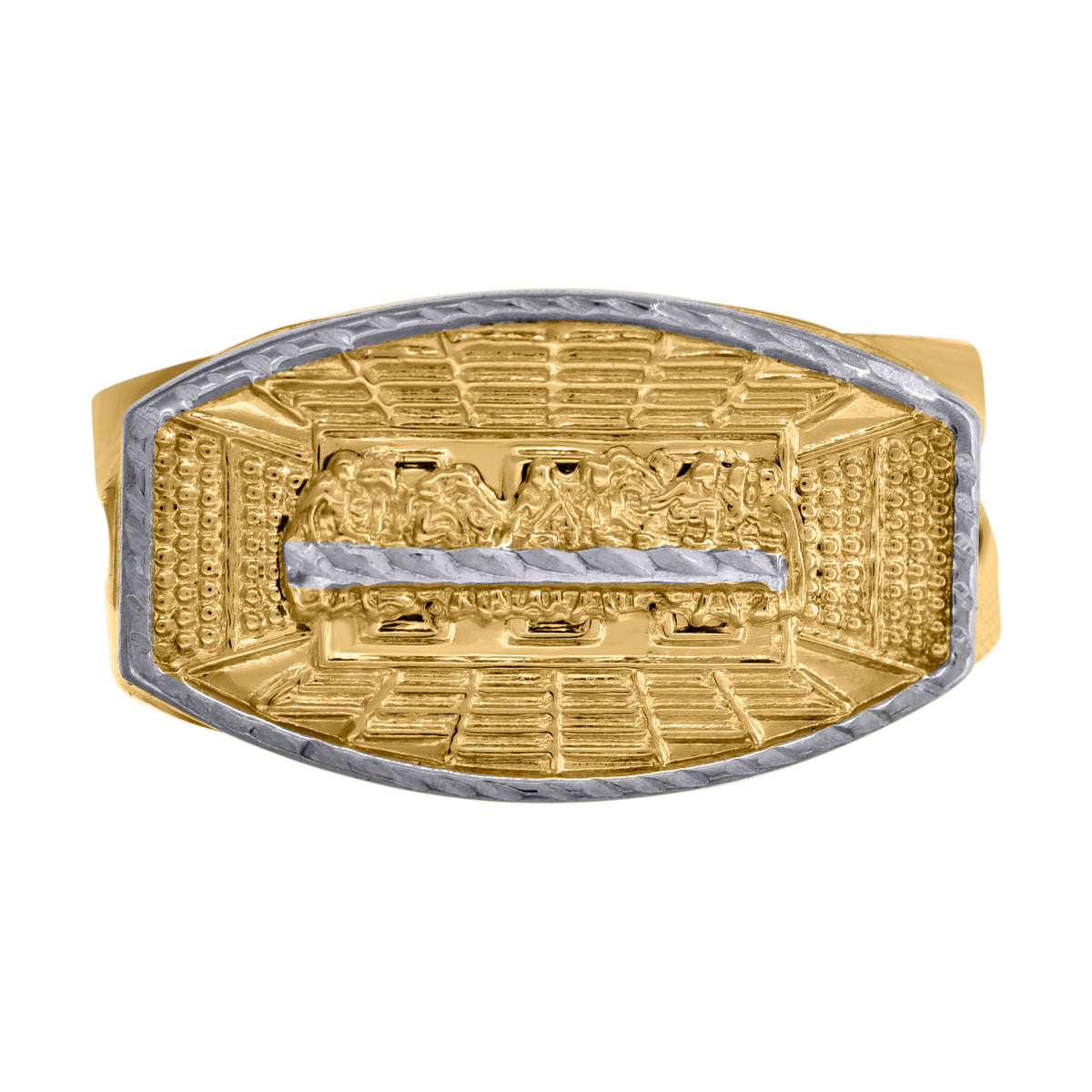 10kt Two-Tone Gold Mens Diamond-Cut Textured Initial Letter F Band Ring