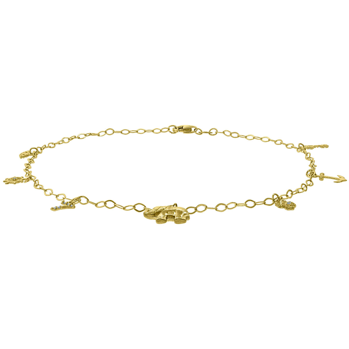 10kt Yellow Gold Womens CZ Anchor Evil Eye Elephant Lucky Charms Anklet 10 Inches