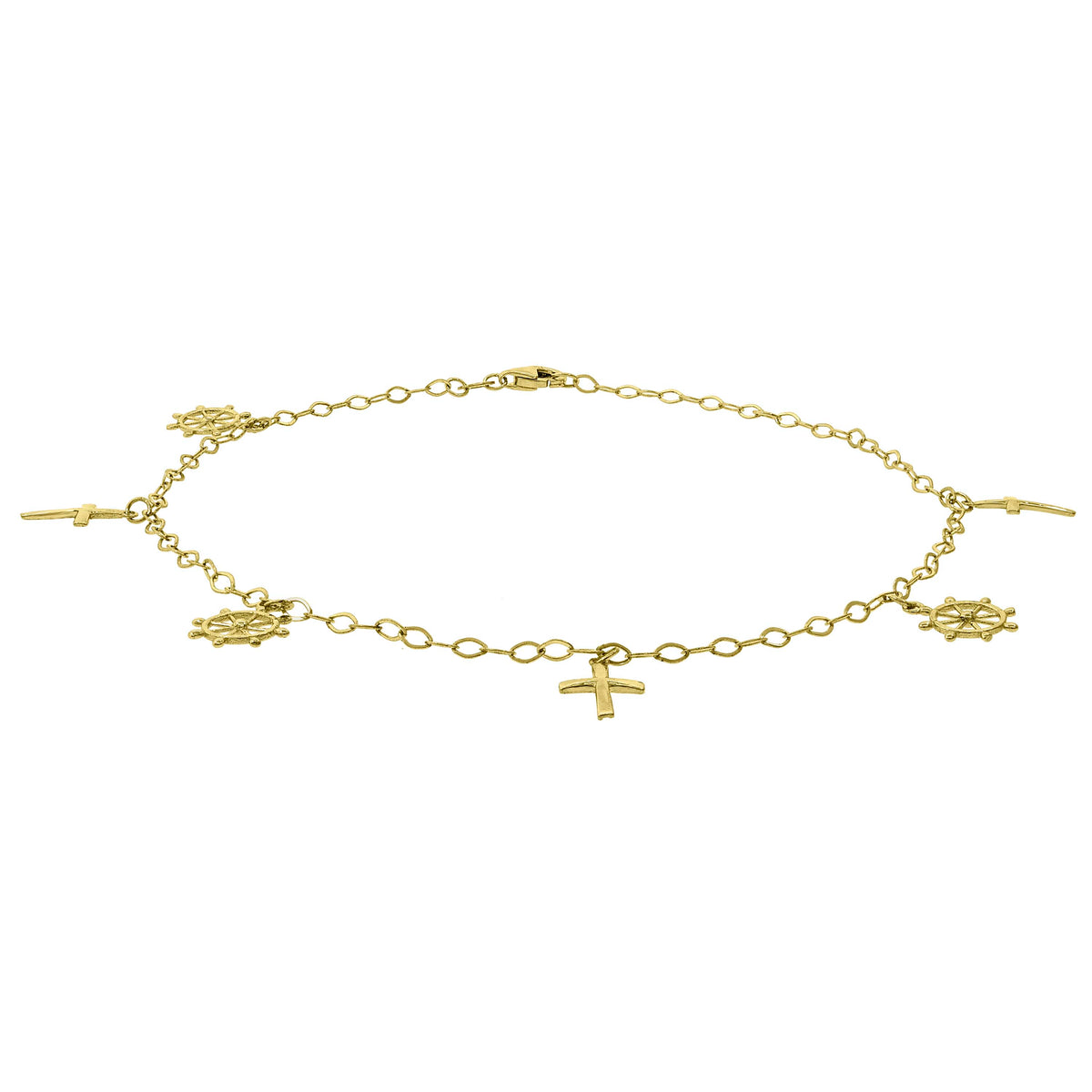 10kt Yellow Gold Womens Ship Wheel Cross Religious Charms Anklet 10 Inches