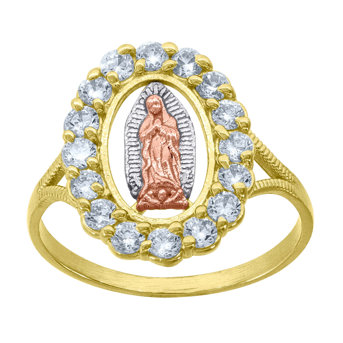 10Kt Tri-Color Gold Womens Cubic Zirconia Textured Square Head Religious Ring