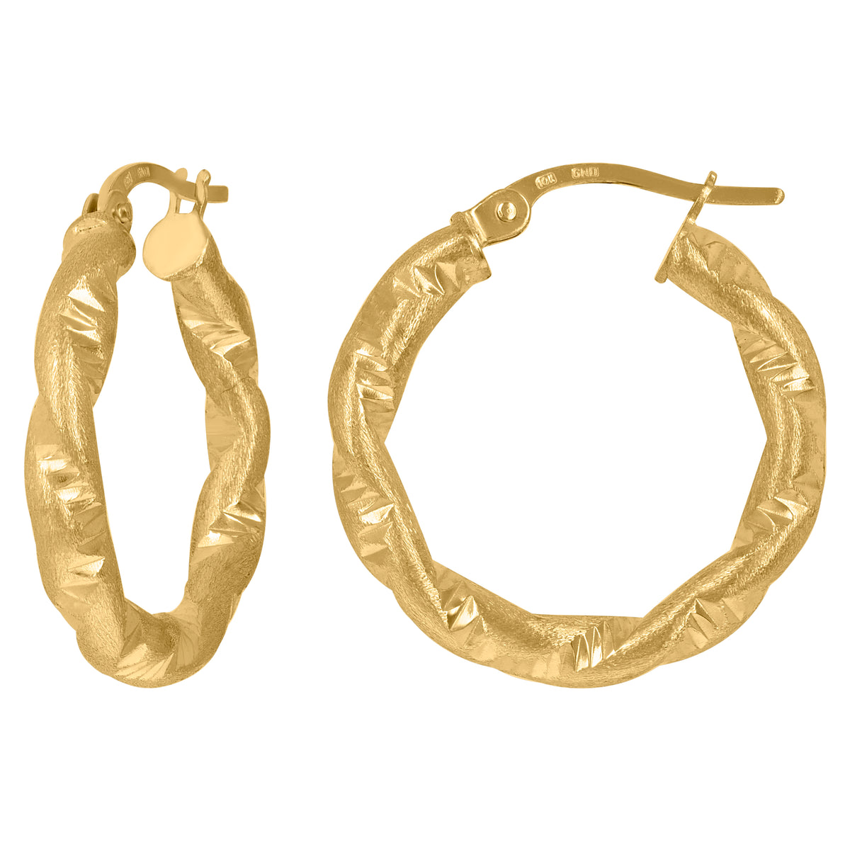 10kt Yellow Gold Womens Twisted Tube Diamond-cut Brushed 3mm X 20mm Hinged Hoops Huggies