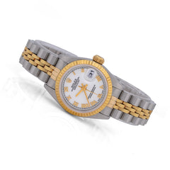 All Factory Womens 26MM Rolex Datejust 18k Gold/SS Fluted Bezel White Face Roman Numeral Dial Jubilee Band Watch