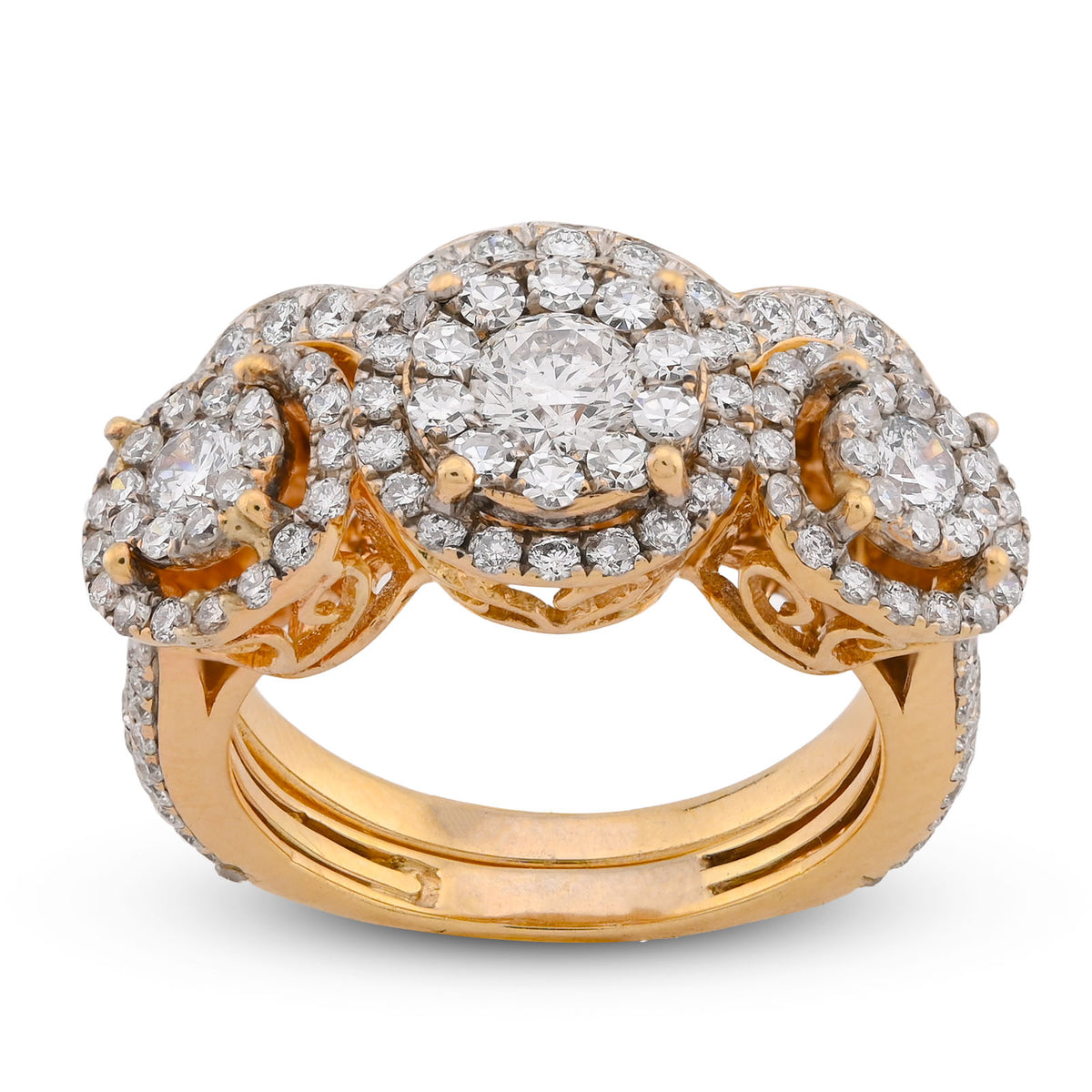 14K Yellow Gold 5CTW Natural Diamond 3 Circular Round Flower Cluster Womens Promise Ring 8.8g