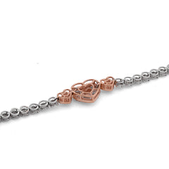 10k Rose/White Gold 1.05CTW 3 Heart Natural Diamond Baguette Womens Tennis 7" Bracelet 6.9gms