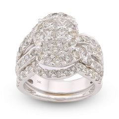 14k White Gold 3.13CTW Natural Diamond Halo Flower Cluster Centre Princess Cut Womens Ring w/ Band 6.6g