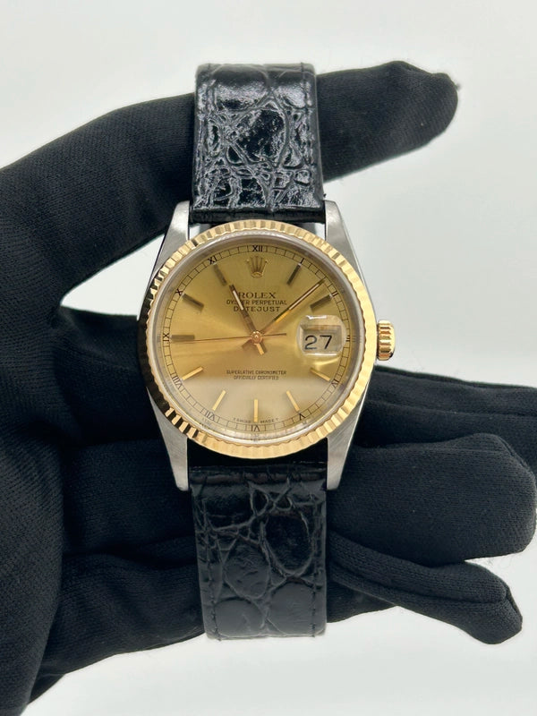 Rolex Datejust 36 Champagne Stick Dial on Generic Black Leather Strap Ref. 16233 1991