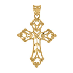 14Kt Yellow Gold Unisex Dc Textured Budded Heart Cross Religious Charm Pendant