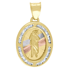 10kt Tri-Color Gold Unisex Cubic Zirconia Cubic-Zirconia Saint Jude Religious Oval Charm Pendant