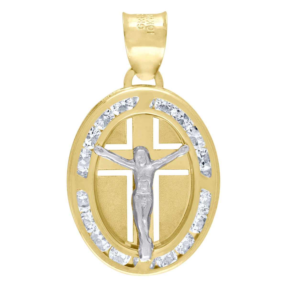 10kt Two-Tone Gold Unisex Cubic Zirconia Cubic-Zirconia Crucifix Cross Religious Oval Charm Pendant